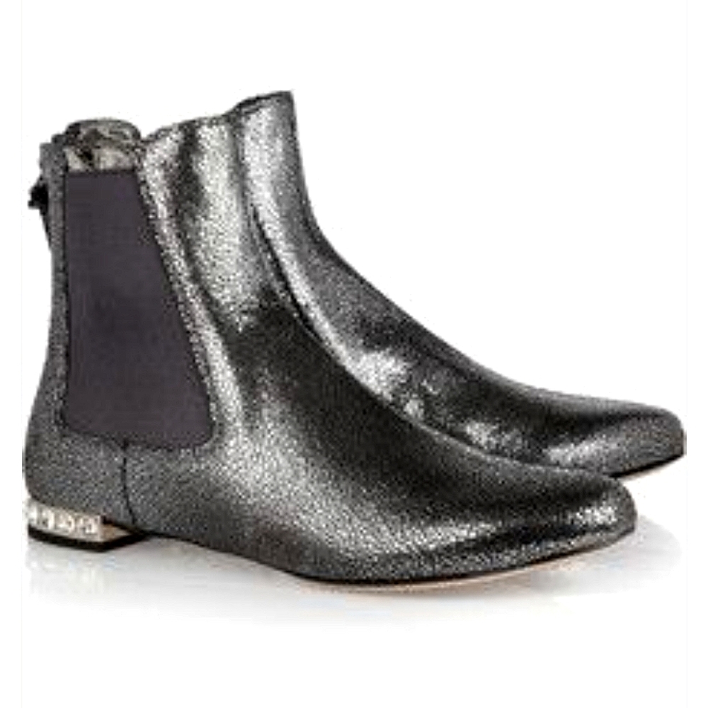 NIB$750 MIU MIU by PRADA Cracked Metallic Leather Crystal Heels Ankle Boots 36.5